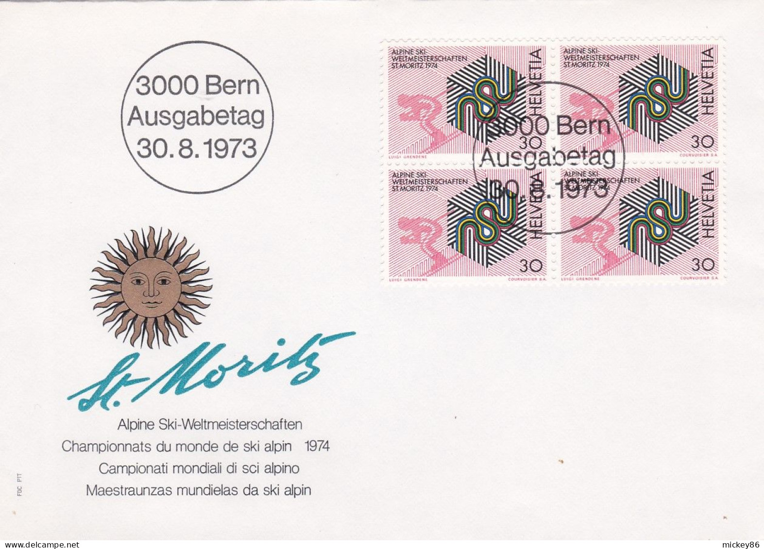 Suisse - 1973 --FDC  Championnats Du Monde Ski Alpin à St MORITZ..  (Bloc De 4 Valeurs ) .cachet  BERN - FDC