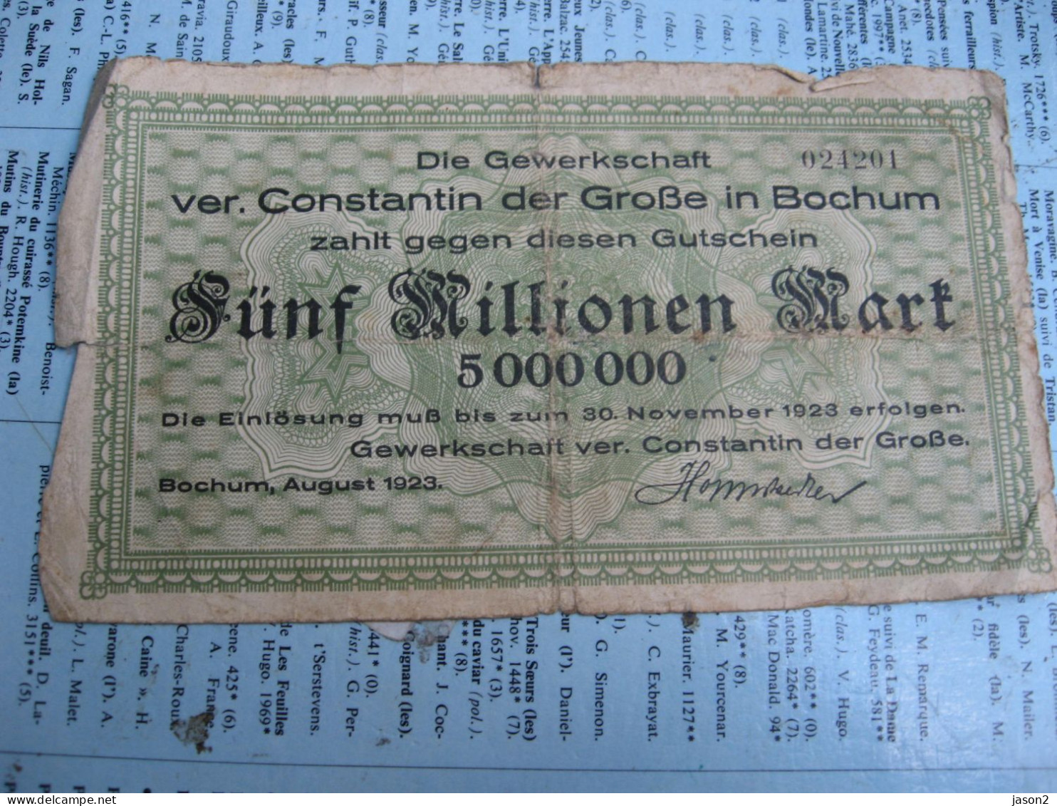 ANCIEN Billet, Allemagne, 5 Millionen Mark, 1923, - Autres - Europe