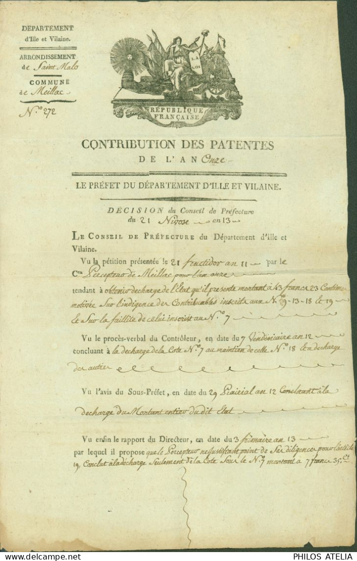 Révolution Empire Arrondissement Saint Malo Commune Meillac Décision Conseil Préfecture Contribution Patentes - Politicians  & Military