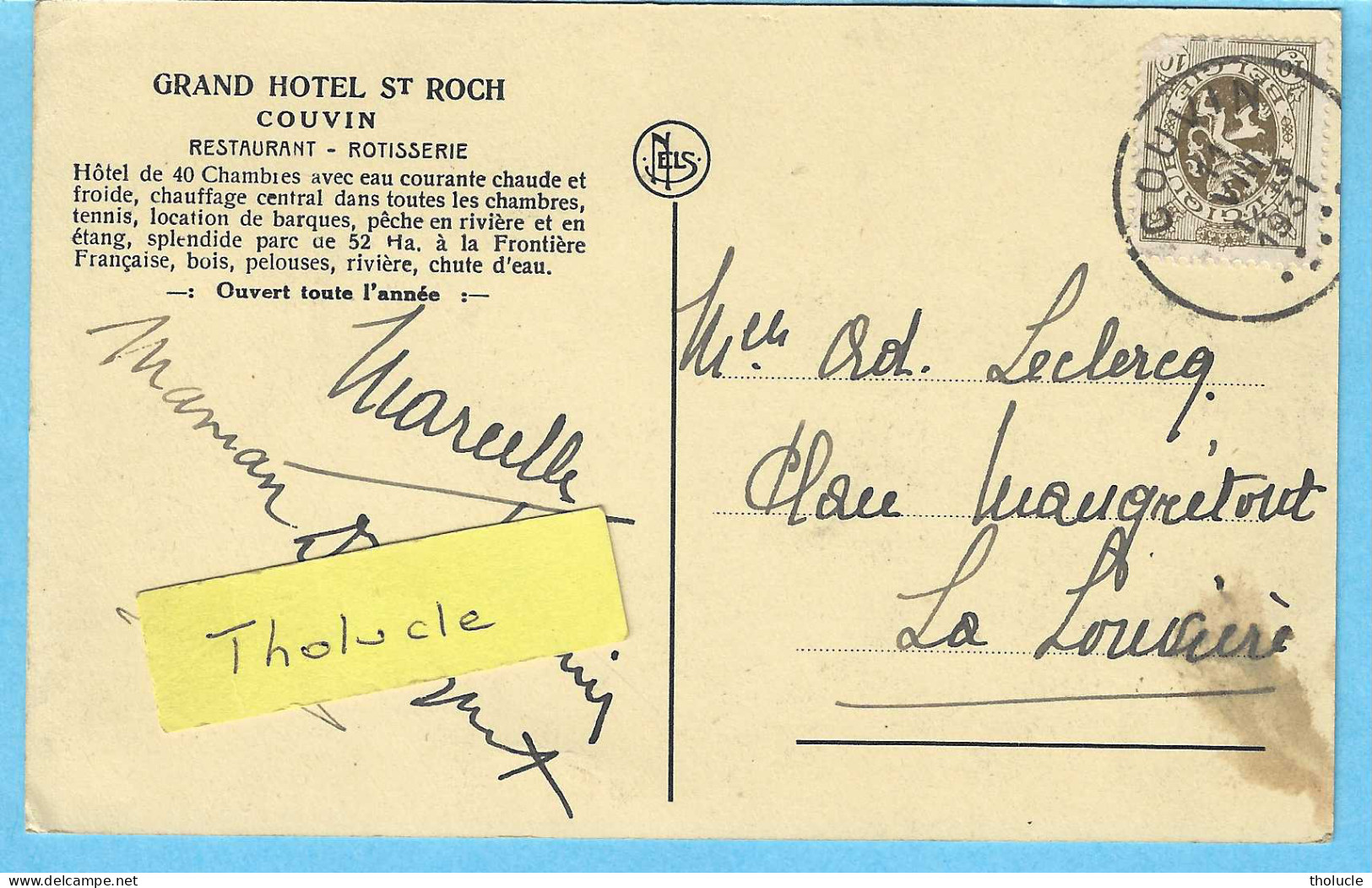 Couvin-écrite En 1931-Publicité--> Grand Hôtel Saint-Roch-Restaurant-Rôtisserie-edit.Nels - Couvin