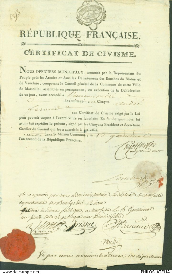 Révolution Certificat Civisme André Feraud Signatures Membres District Marseille Administrateurs Bouches Du Rhône - Politicians  & Military