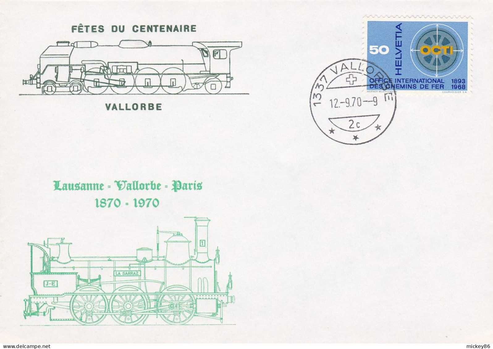 Suisse - 1970 -Souvenir-- 100 Ans Ligne Lausanne-Vallorbe-Paris(chemin De Fer) Timbre...cachet  VALLORBE - Marcophilie