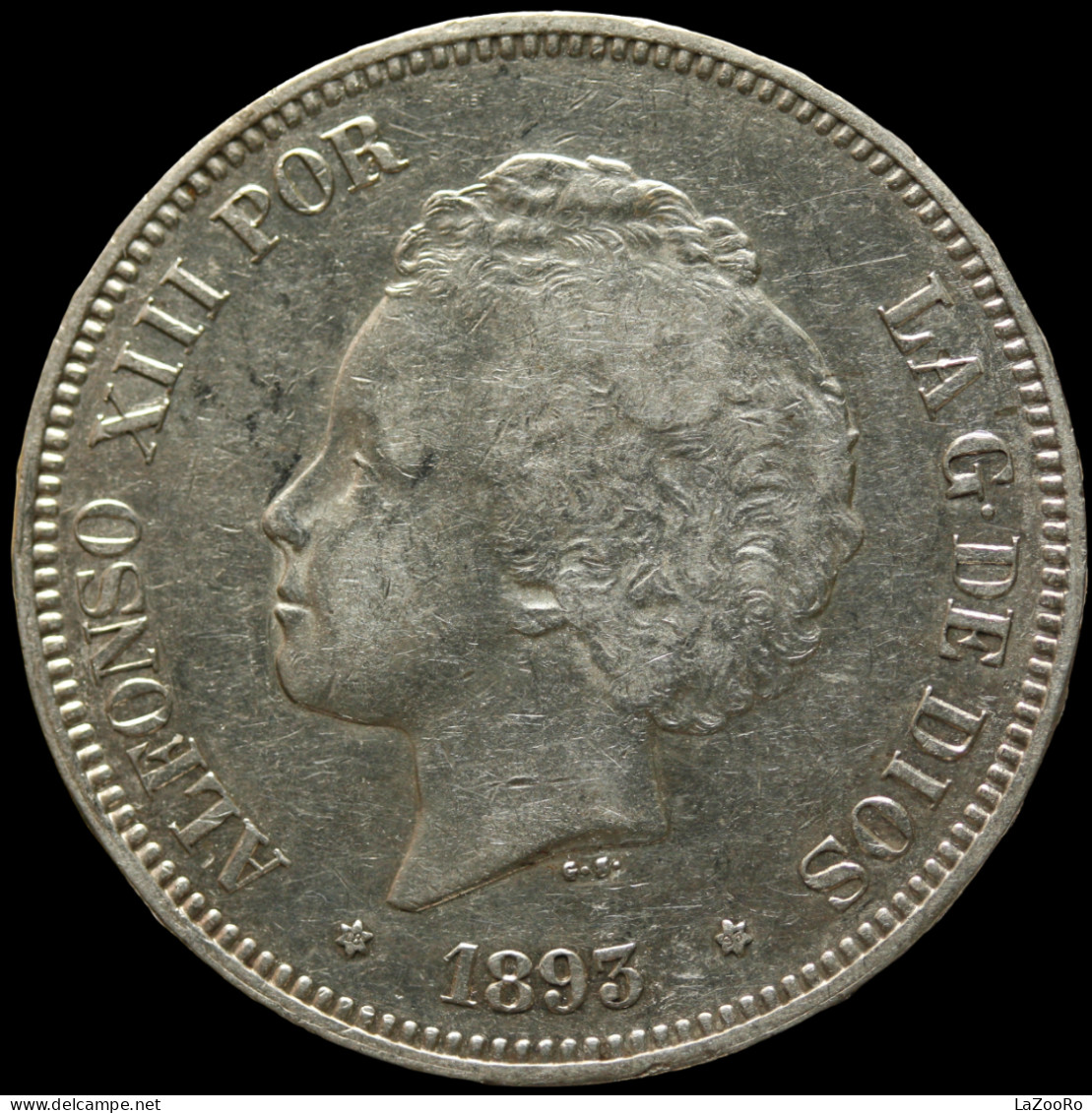 LaZooRo: Spain 5 Pesetas 1893 XF - Silver - First Minting