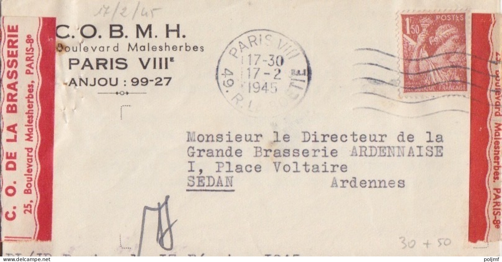 Lettre De La C.O.B.M.H. Obl. Flier Paris VIII Le 17/2/45 Sur 1f50 Iris N° 652, (tarif Du 5/1/42) Pour Sedan - 1939-44 Iris