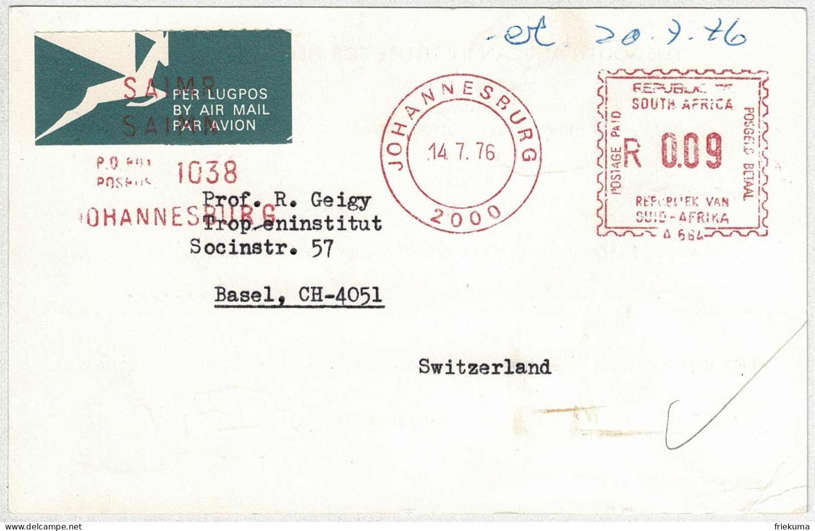 Südafrika / South Africa 1976, Postkarte Luftpost / Air Mail Freistempel / Meterstamp Johannesburg - Basel (Schweiz)  - Lettres & Documents