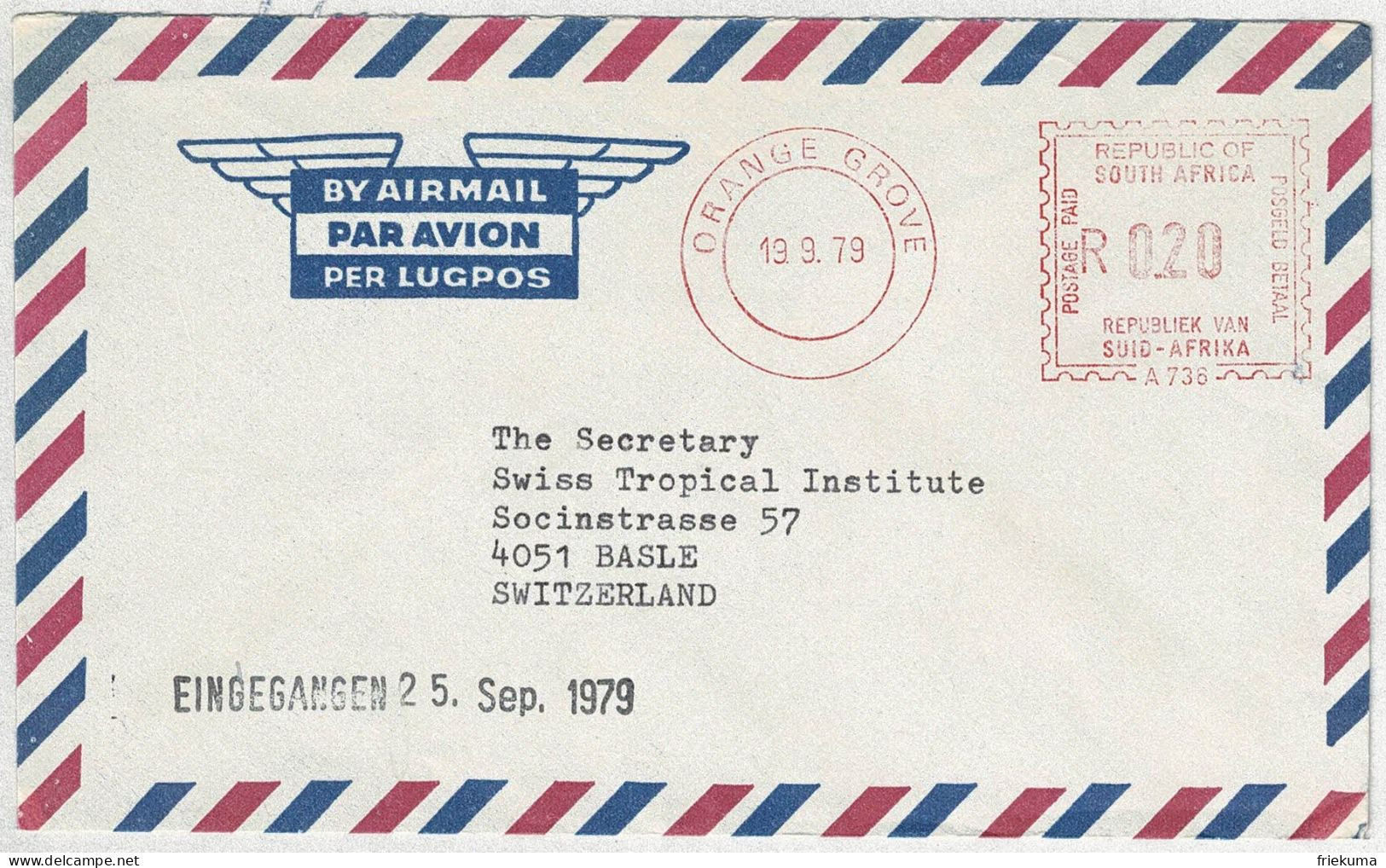 Südafrika / South Africa 1979, Luftpostbrief / Air Mail Freistempel / Meterstamp Orange Grove - Basel (Schweiz)  - Covers & Documents