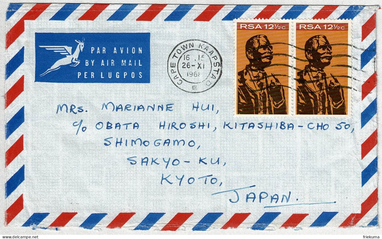 Südafrika / South Africa 1968, Luftpostbrief / Air Mail Cape Town Kaapstad - Kyoto (Japan),  - Storia Postale