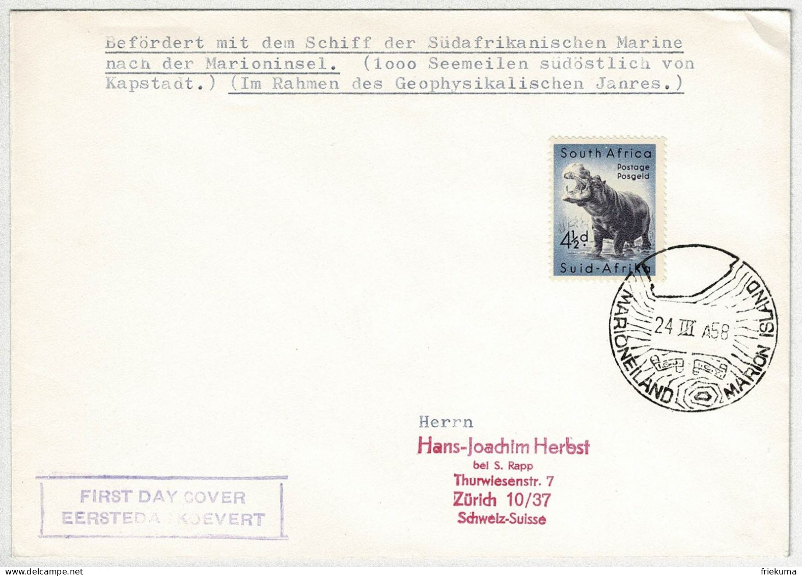 Südafrika / South Africa 1958, Brief Marion Island - Zürich (Schweiz) - Lettres & Documents