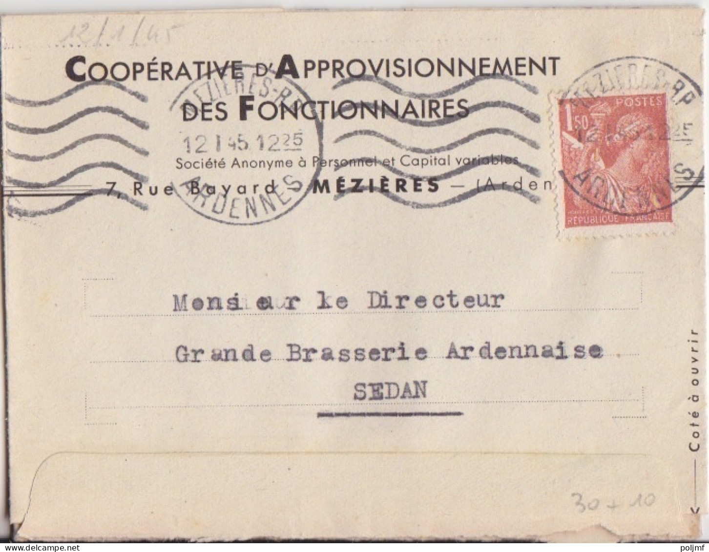 Lettre De La Coopérative Des Fonctin Obl. Mézières RP Le 12/1et 9/2/45sur 1f50 Iris N° 652, (tarif Du 5/1/42) Pour Sedan - 1939-44 Iris