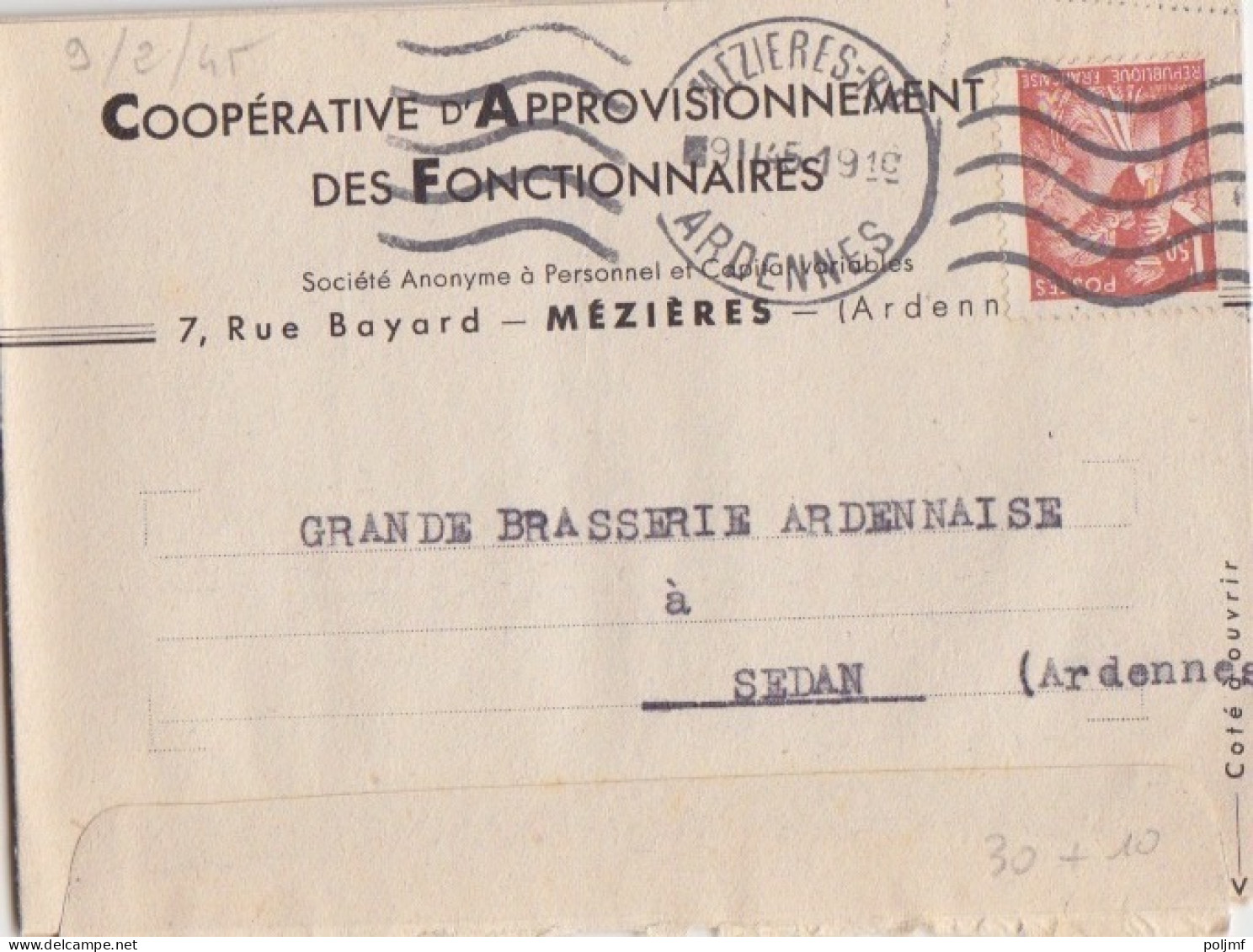 Lettre De La Coopérative Des Fonctin Obl. Mézières RP Le 12/1et 9/2/45sur 1f50 Iris N° 652, (tarif Du 5/1/42) Pour Sedan - 1939-44 Iris