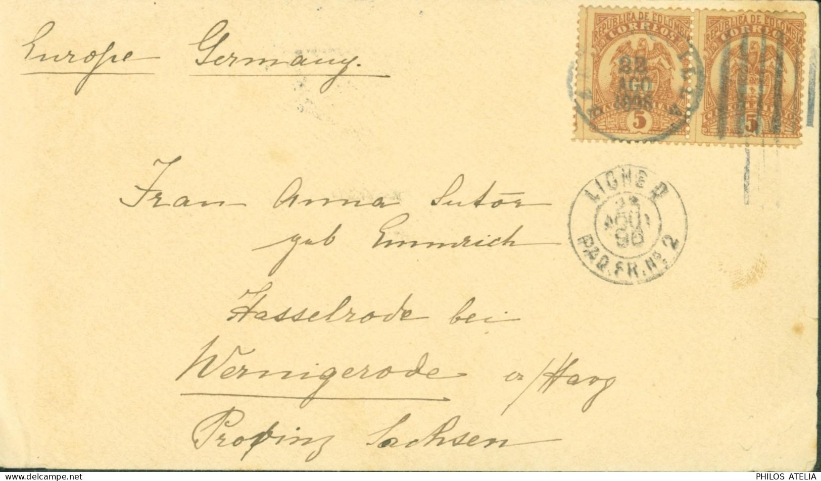 Colombie YT N°109 X2 22 AGO 1896 CAD Maritime LIGNE D PAQ FR N2 23 AOUT 1896 Arrivée Wernigerode Allemagne - Colombia