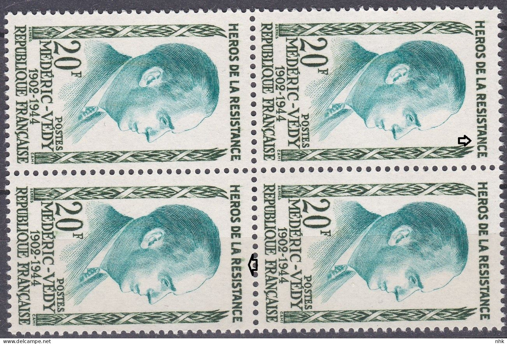 18210 Variété : N° 1200 Médéric-Védy N Coupé + Boules Sur RE De RESISTANCE Tenant à Normaux  ** - Unused Stamps