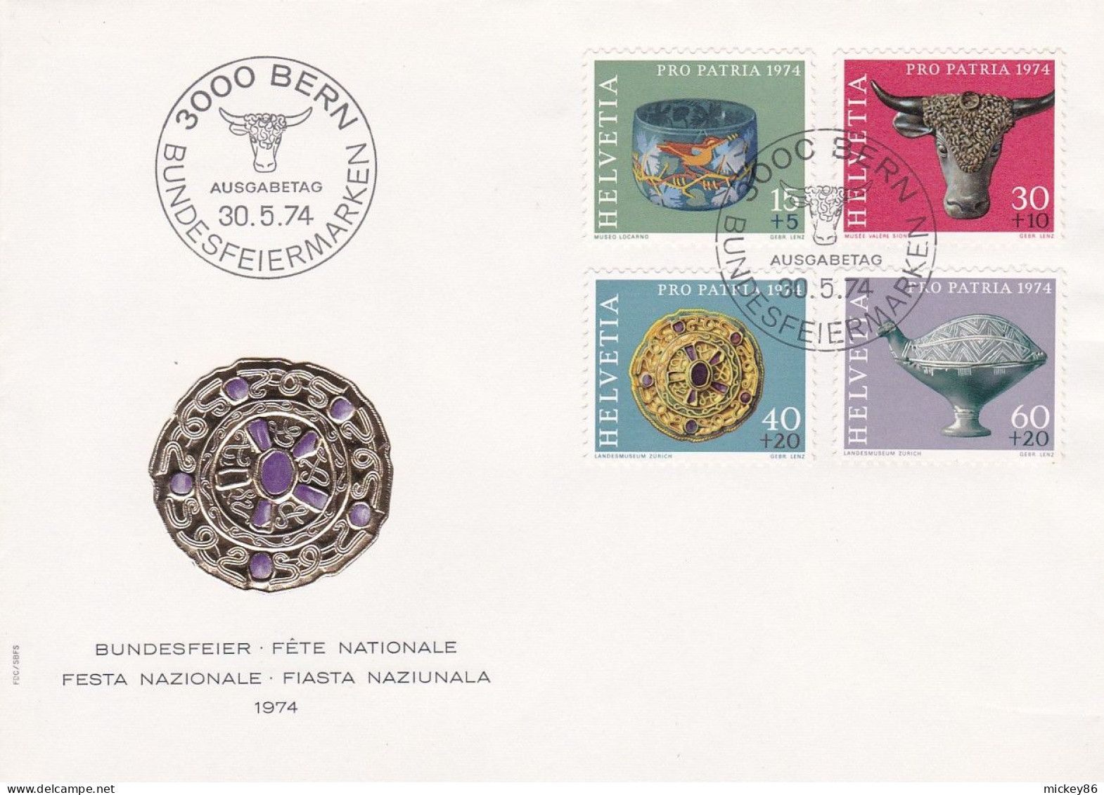 Suisse - 1974 - FDC.--Fête Nationale...( 4 Valeurs  PRO PATRIA )....cachet BERN - FDC