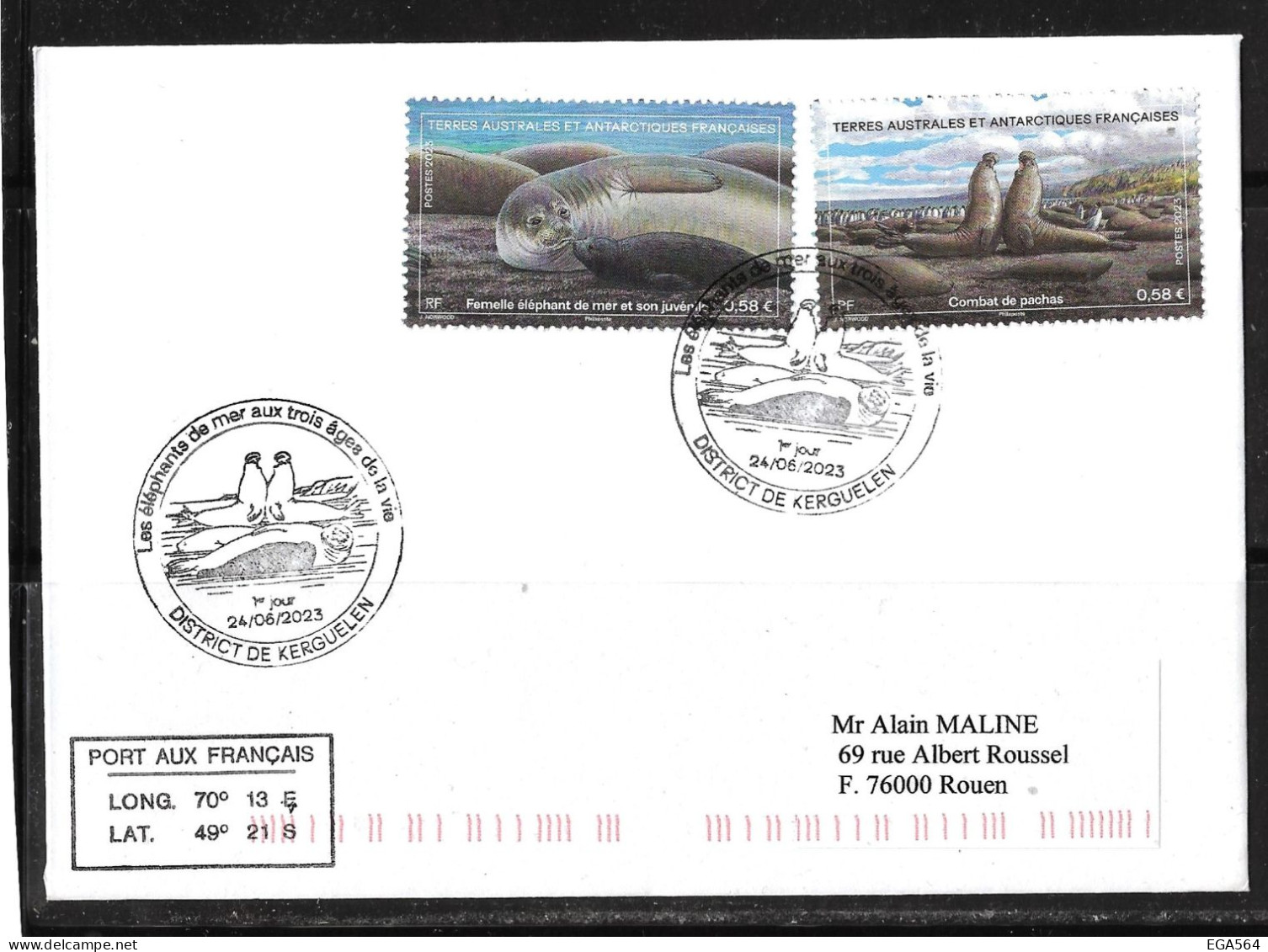 118-Y&T 1046/1047 Et 1048 Eléphants De Mer Sur 2 Plis FDC Du 24.8.2023 Oblitération Illustrée Kerguelen - Briefe U. Dokumente