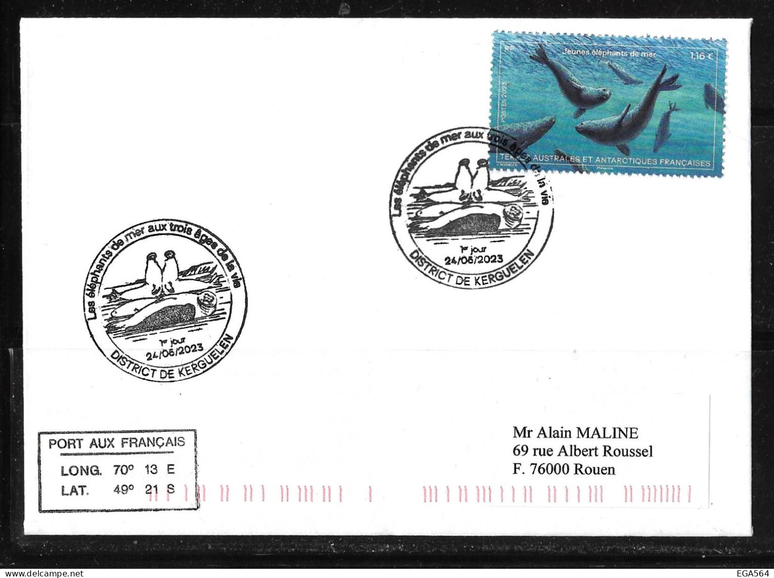 118-Y&T 1046/1047 Et 1048 Eléphants De Mer Sur 2 Plis FDC Du 24.8.2023 Oblitération Illustrée Kerguelen - Briefe U. Dokumente