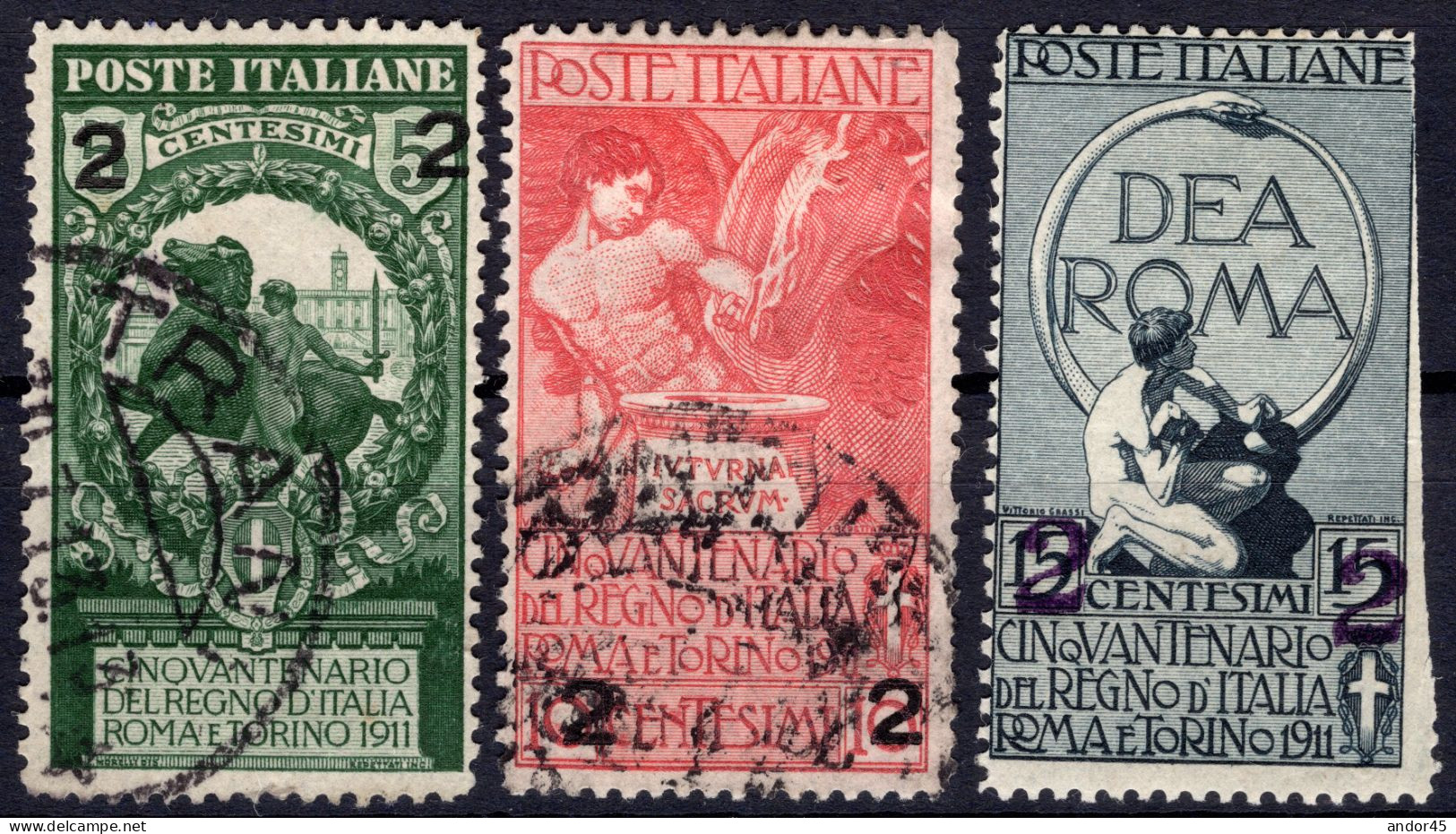 SERIE COMPLETA "FRANCOBOLLI DEL 1911 SOPRSTAMPATI " SASS.99/100 USATI+101 NUOVO CON GOMMA ORIGINALE  CON DISCRETA  CENTR - Oblitérés