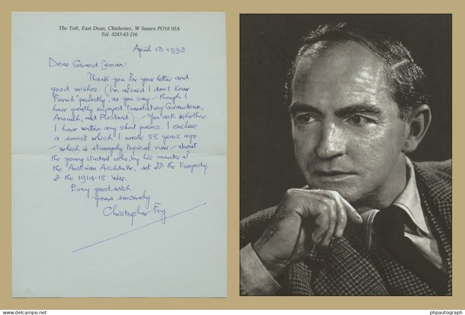 Christopher Fry (1907-2005) - English Poet And Playwright - Autograph Letter Signed + Photo - 1993 - Escritores