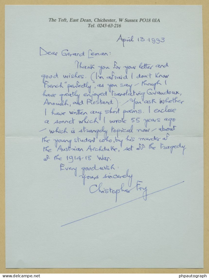 Christopher Fry (1907-2005) - English Poet And Playwright - Autograph Letter Signed + Photo - 1993 - Escritores