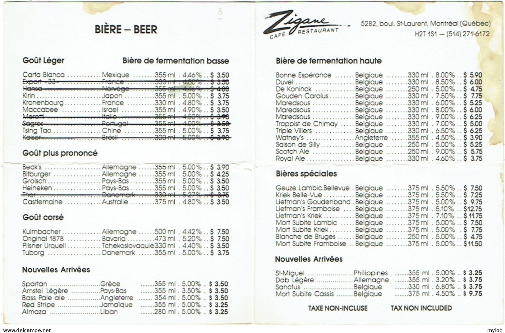 Canada. Tarif Bière-Beer. Café-Restaurant ZIGANE. Québec. Montréal. Boulevard St.Laurent - Canada