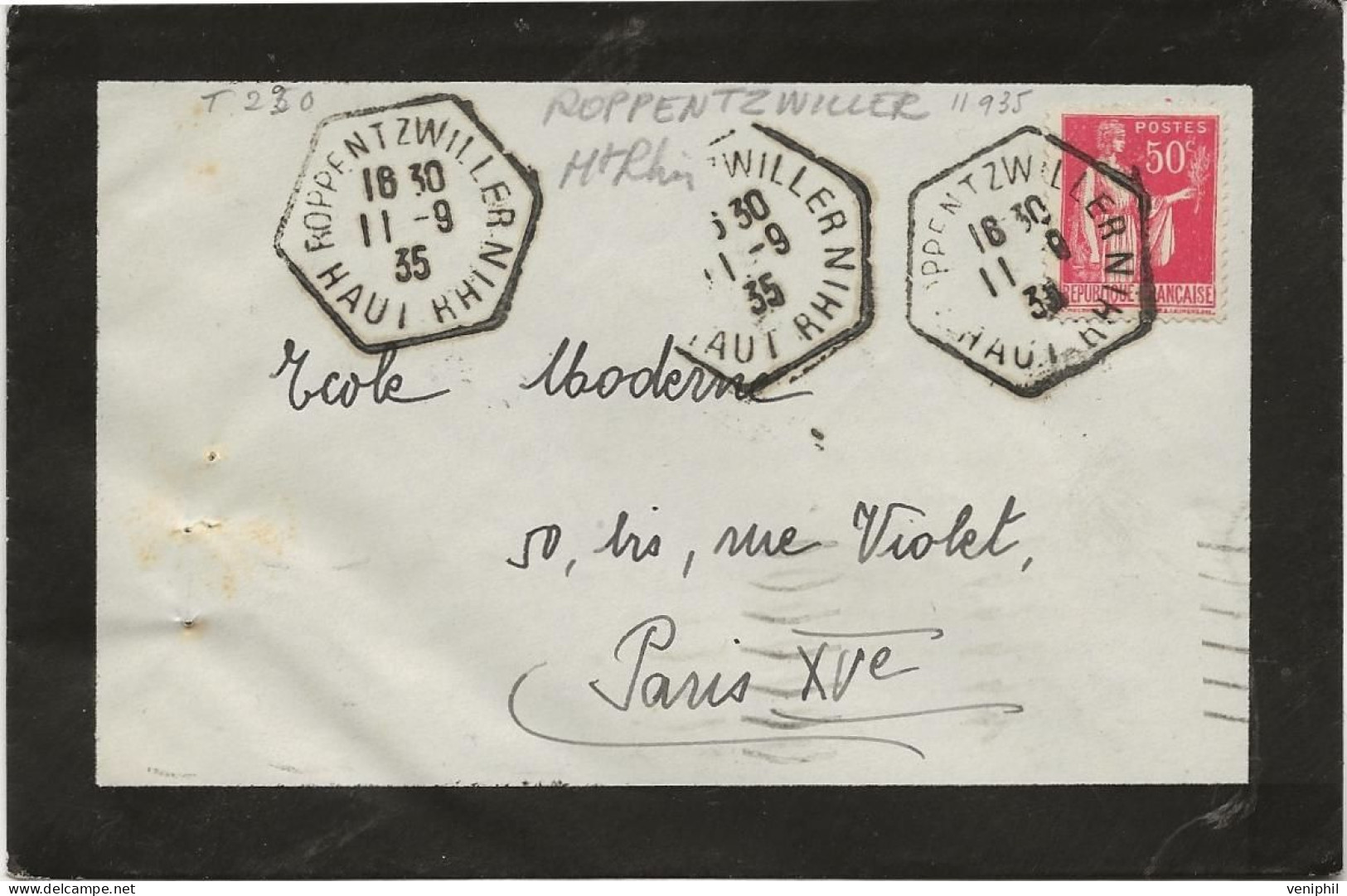 LETTRE ALSACE -  OBLITERATION OCTOGONAL ROPPENTZWILLER -HT RHIN - AFFRANCHIE N° 283  - ANNEE 1935 - Mechanical Postmarks (Other)