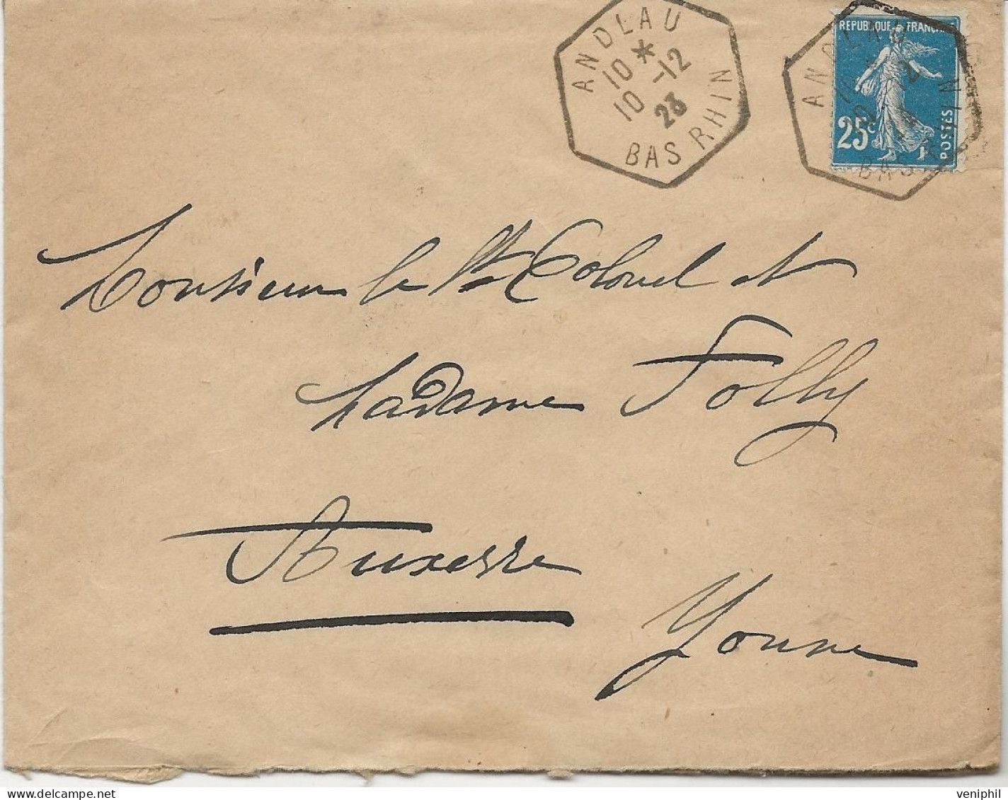 LETTRE ALSACE -  OBLITERATION OCTOGONAL - ANDLAU - BAS-RHIN - 1923 - AFFRANCHIE N° 140 - - Mechanical Postmarks (Other)