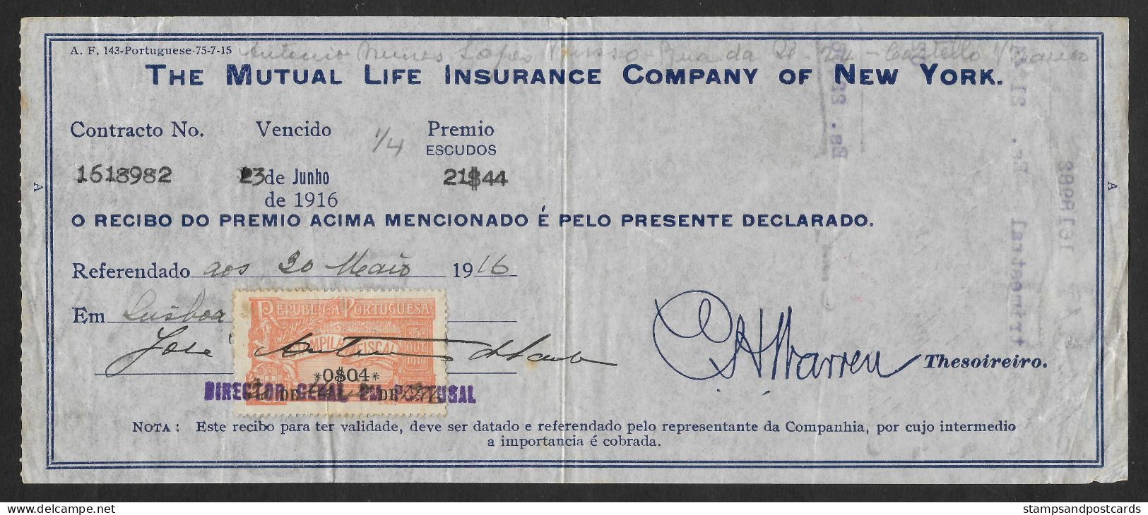 Portugal Facture Assurance Timbre Fiscal 1916  Mutual Life Insurance Co. New York Receipt Revenue Stamp - Brieven En Documenten