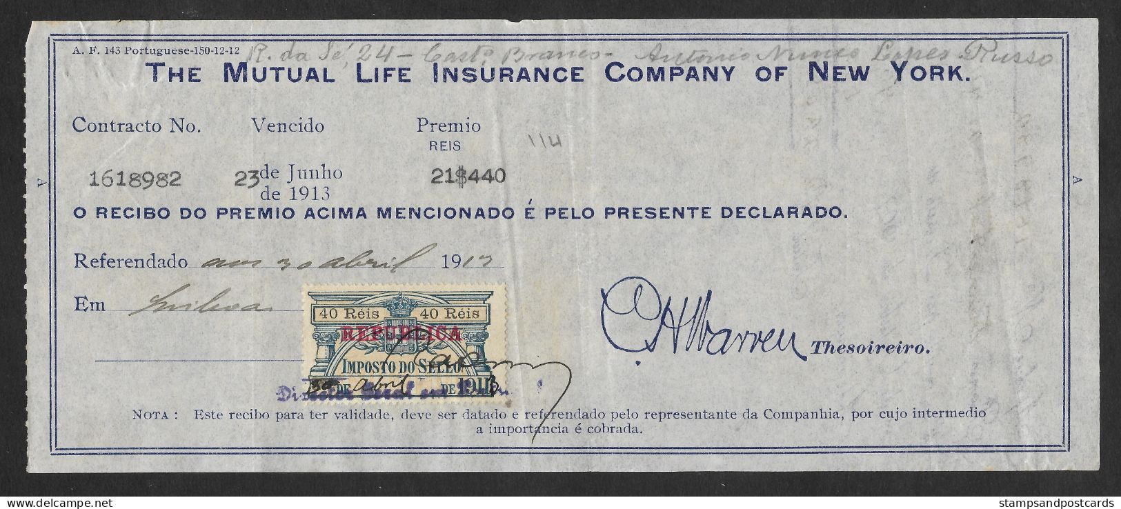 Portugal Facture Assurance Timbre Fiscal 1913 Surcharge Republica Overprint Mutual Life Insurance Co. New York Revenue - Cartas & Documentos