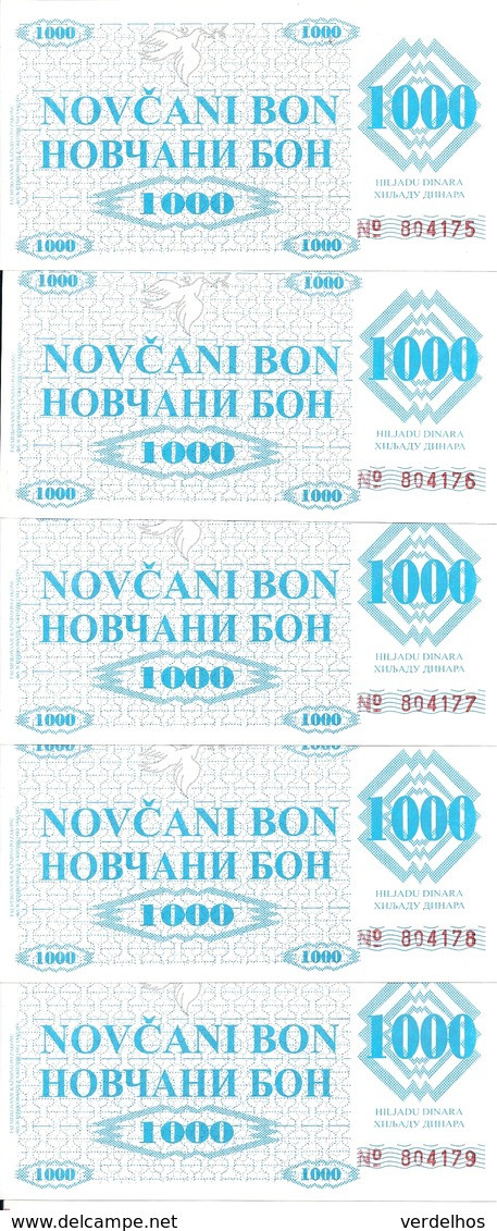 BOSNIE HERZEGOVINE 1000 DINARA 1992 UNC P 8 R  ( Replica ) ( 5 Billets ) - Bosnië En Herzegovina