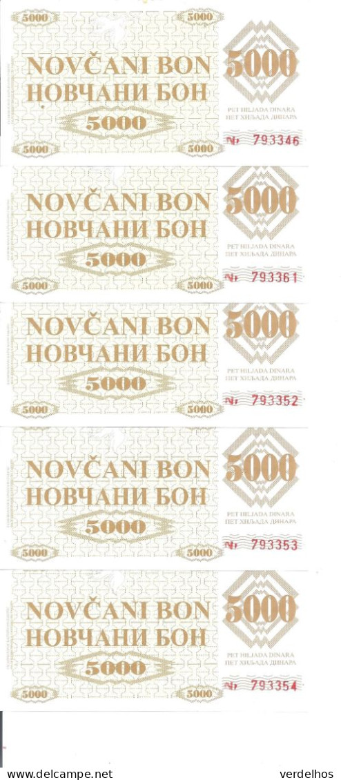 BOSNIE HERZEGOVINE 5000 DINARA 1992 UNC P 9 R  ( Faux Billet ) ( 5 Billets ) - Bosnie-Herzegovine