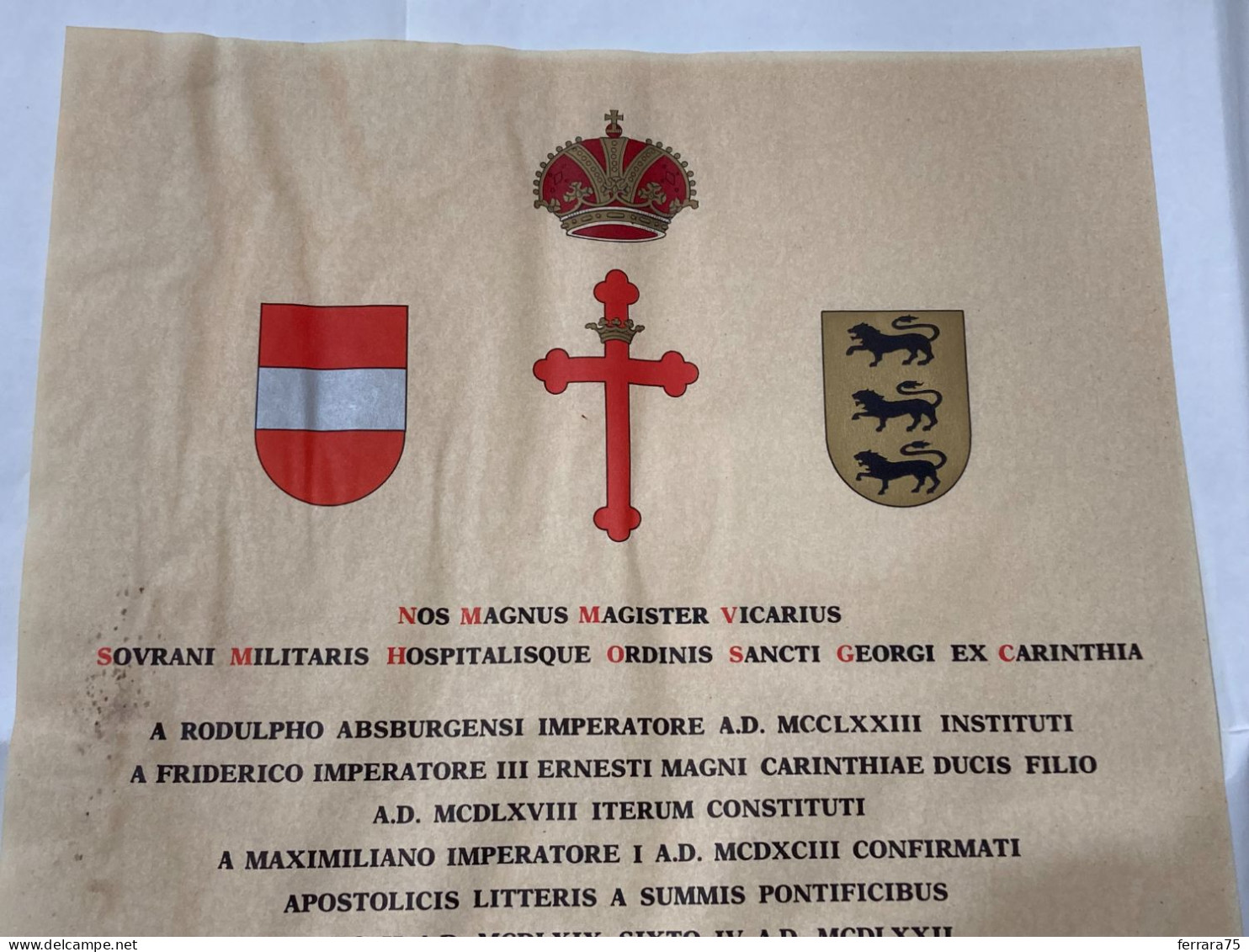 ARALDICA DIPLOMA NOMINA CAVALIERE DELL'ORDINE DI SAN GIORGIO DI CARINZIA. - Diplomi E Pagelle