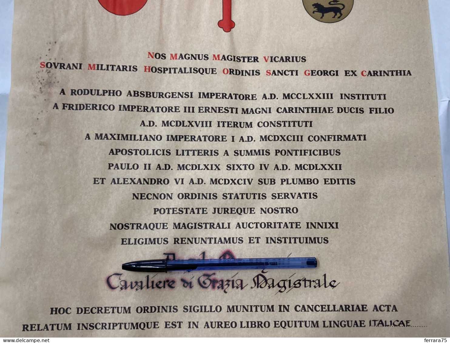 ARALDICA DIPLOMA NOMINA CAVALIERE DELL'ORDINE DI SAN GIORGIO DI CARINZIA. - Diplomi E Pagelle