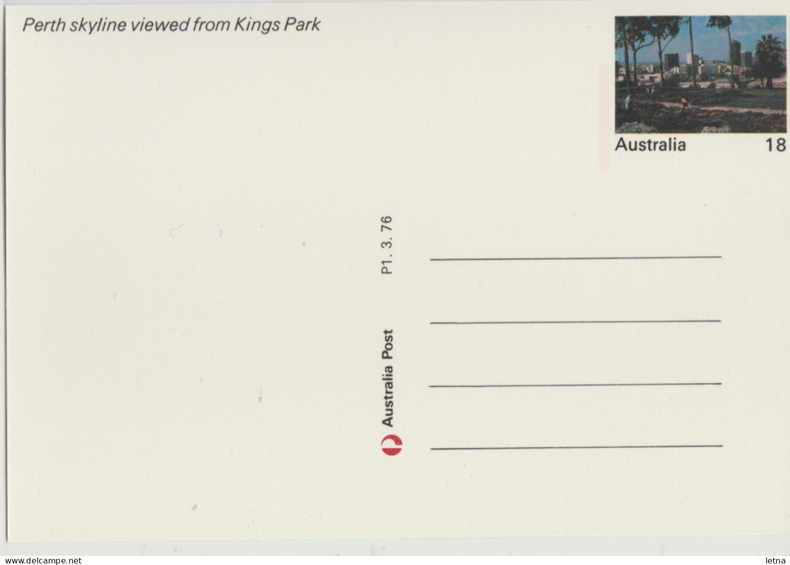 WESTERN AUSTRALIA WA Kings Park View To PERTH 18c Prepaid Australia Post Postcard 1976 - Perth