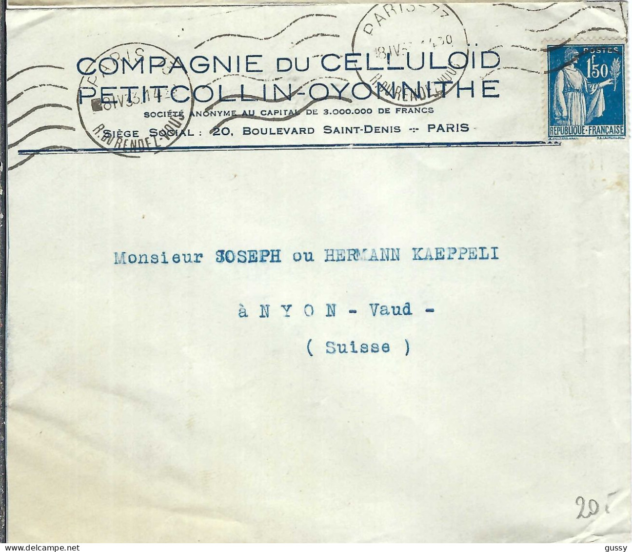 FRANCE Ca.1933: CP Ill. De Paris à Nyon (Suisse) - 1932-39 Paz
