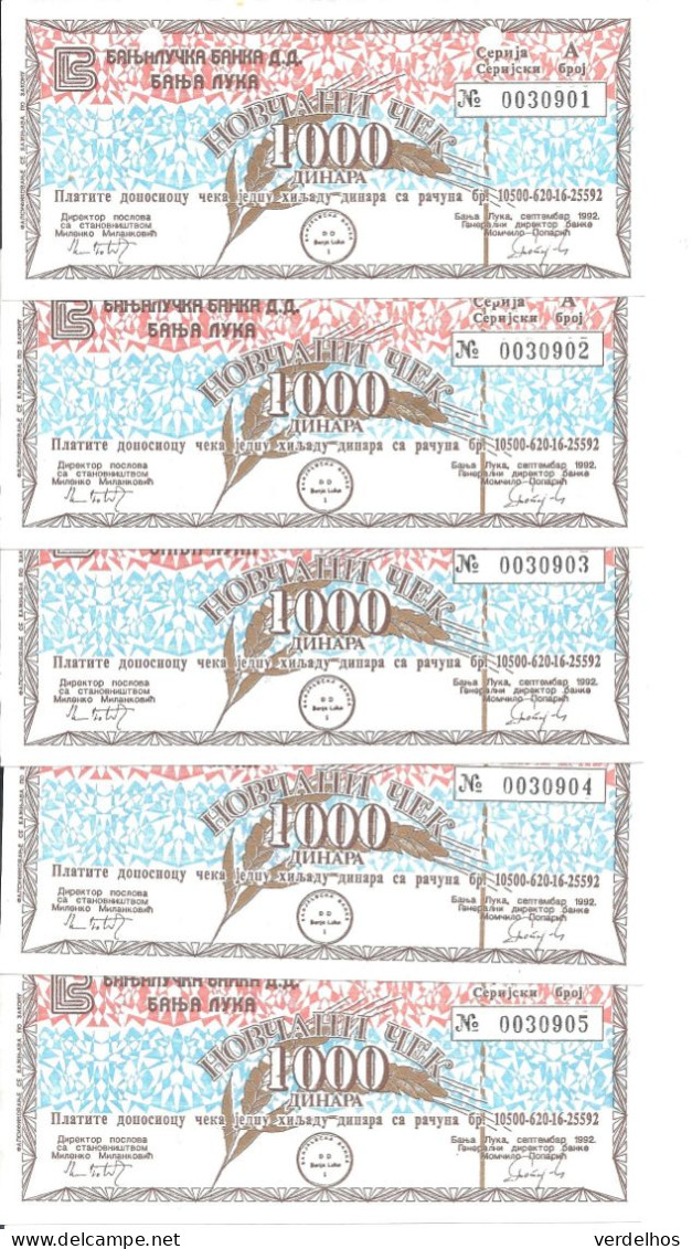 BOSNIE HERZEGOVINE 1000 DINARA 1992 XF++ MILITARY CHECK ( 5 Billets ) - Bosnia Erzegovina