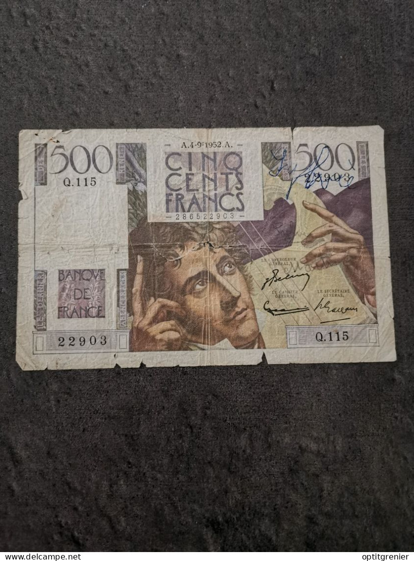 BILLET 500 FRANCS CHATEAUBRIAND 4 9 1952 / TRES ABIME / DECHIRE / ECRITURE - 500 F 1945-1953 ''Chateaubriand''