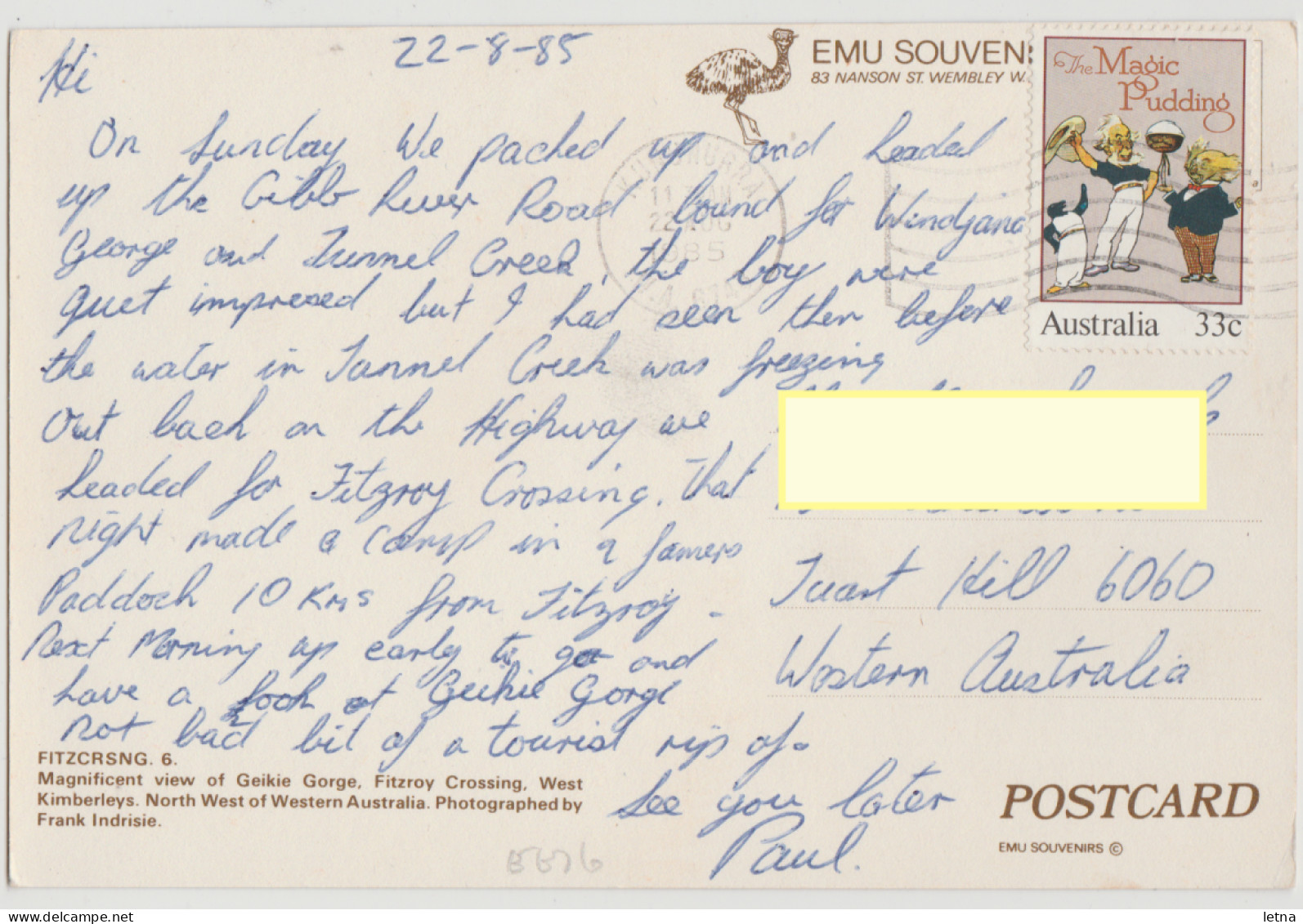 WESTERN AUSTRALIA WA Geikie Gorge FITZROY CROSSING Emu Souvenirs Postcard C1970s - Other & Unclassified