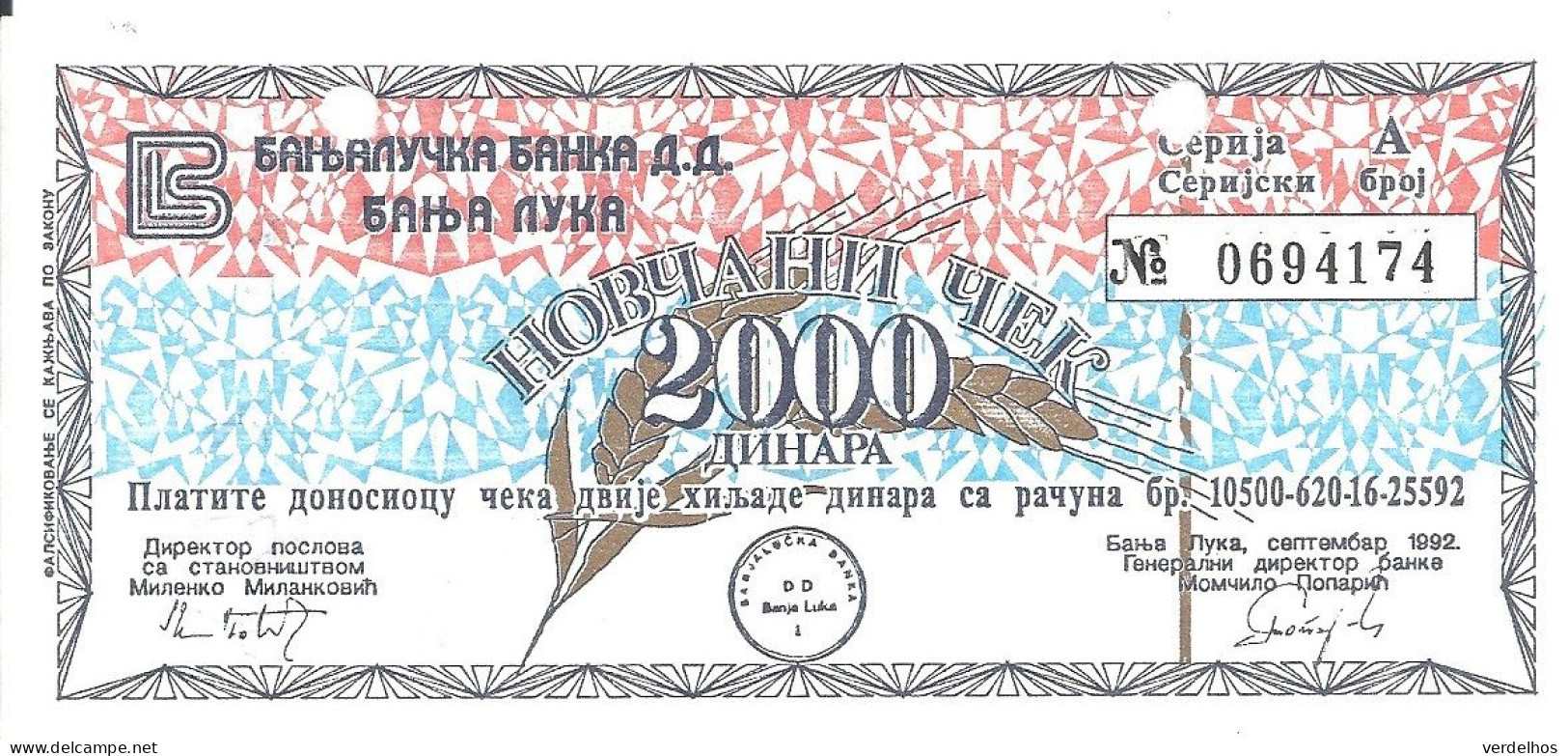 BOSNIE HERZEGOVINE 2000 DINARA 1992 XF+ MILITARY CHECK - Bosnien-Herzegowina