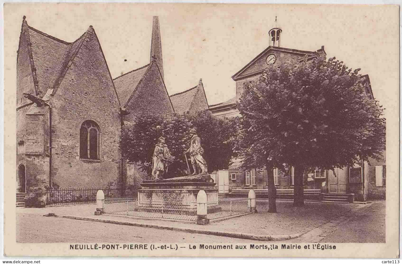 37 - B33503CPA - NEUILLE PONT PIERRE - Le Monument Aux Morts, La Mairie Et L'église - Très Bon état - INDRE-ET-LOIRE - Neuillé-Pont-Pierre