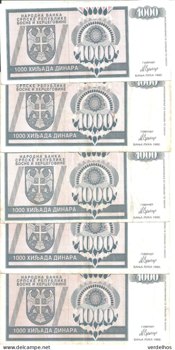 BOSNIE HERZEGOVINE 1000 DINARA 1992 VF P 137 ( 5 Billets ) - Bosnie-Herzegovine