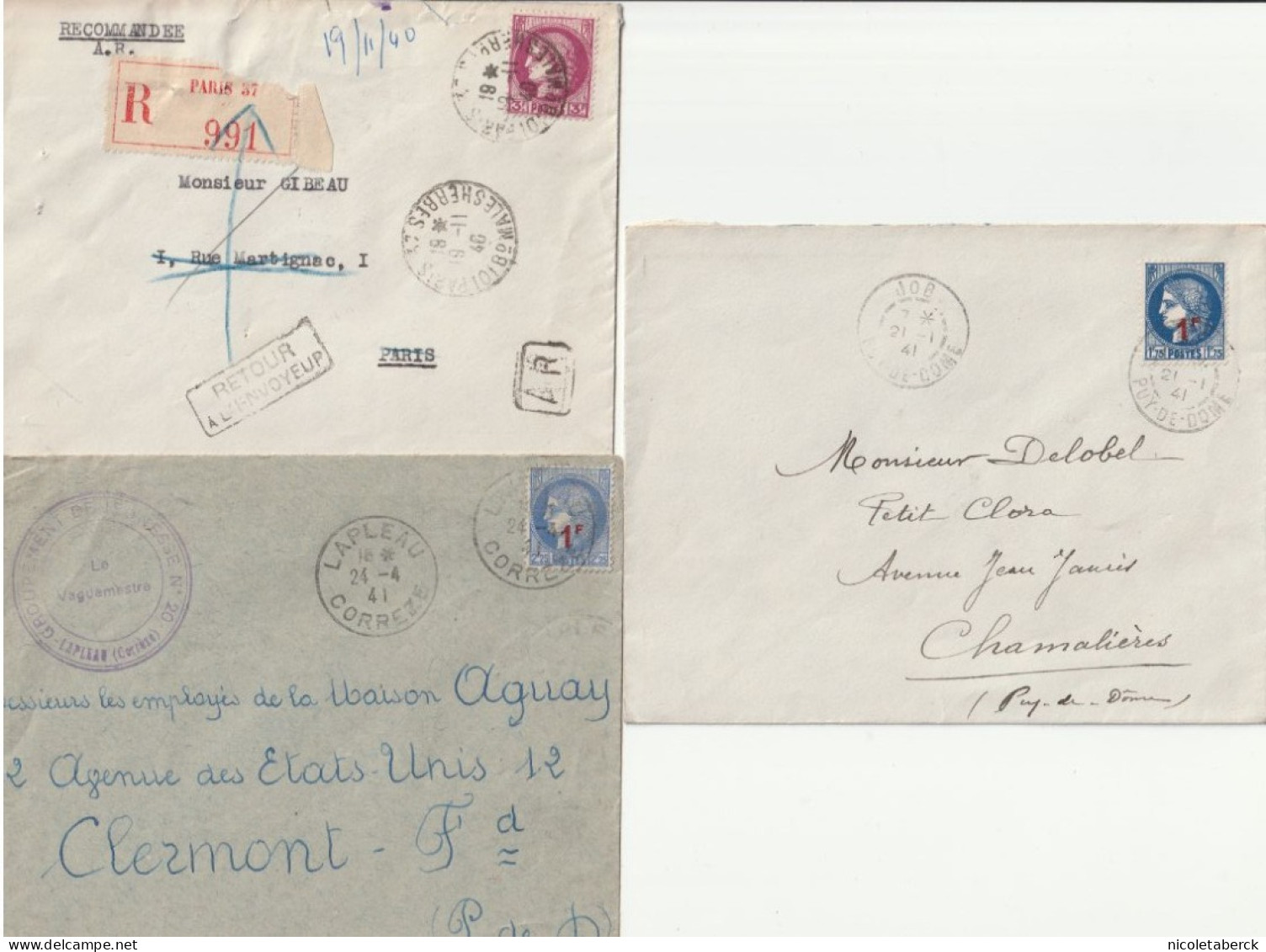 Cérès De Mazelin, 3 Enveloppes, Job (Puy-de-Dôme), 1 Recommandée Avec  AR  Et Retour, 1 Contrôle Facteur. - 1945-47 Cérès De Mazelin