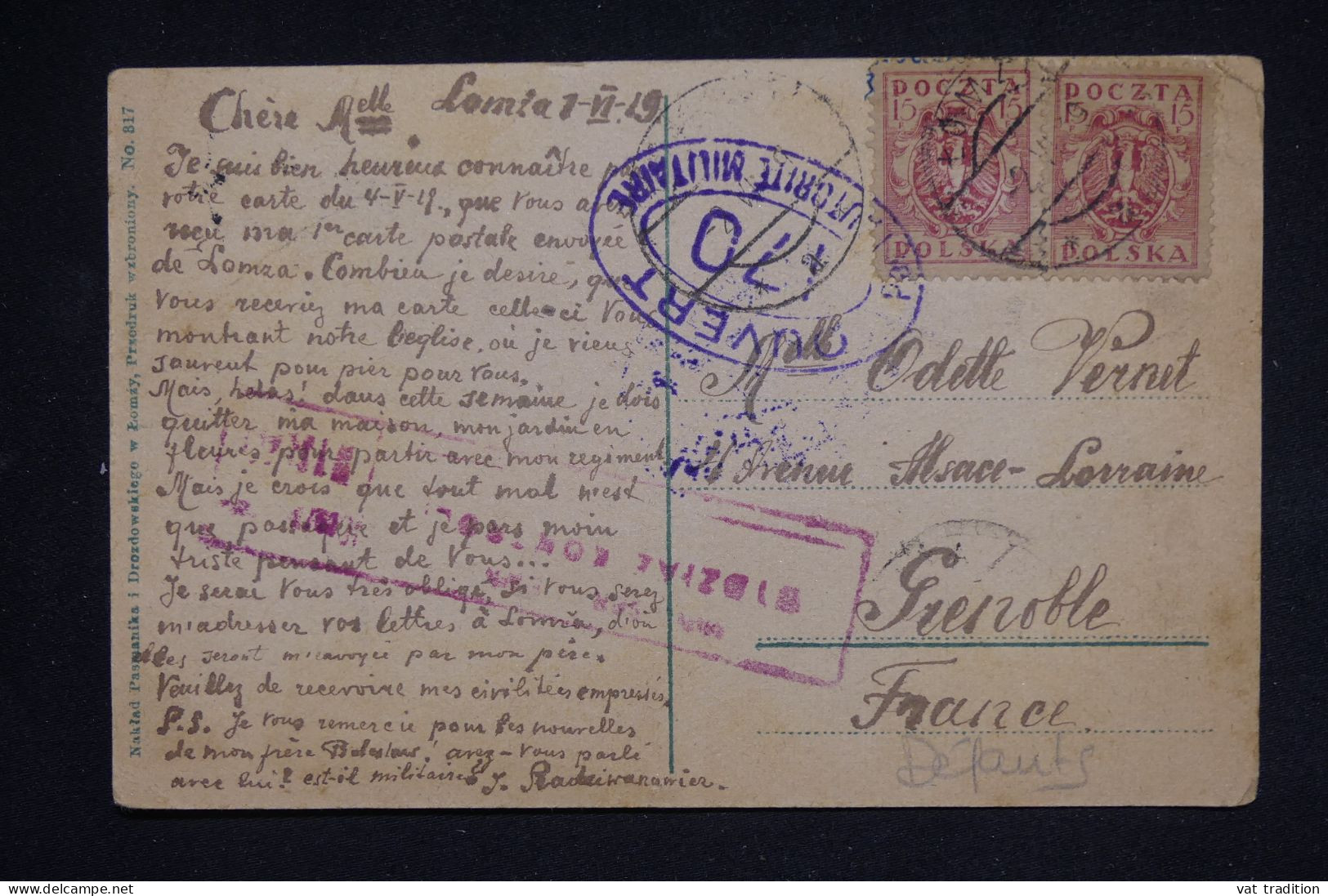 POLOGNE - Carte Postale En 1919 Pour La France Avec Cachet De Contrôle Postal - L 150227 - Briefe U. Dokumente