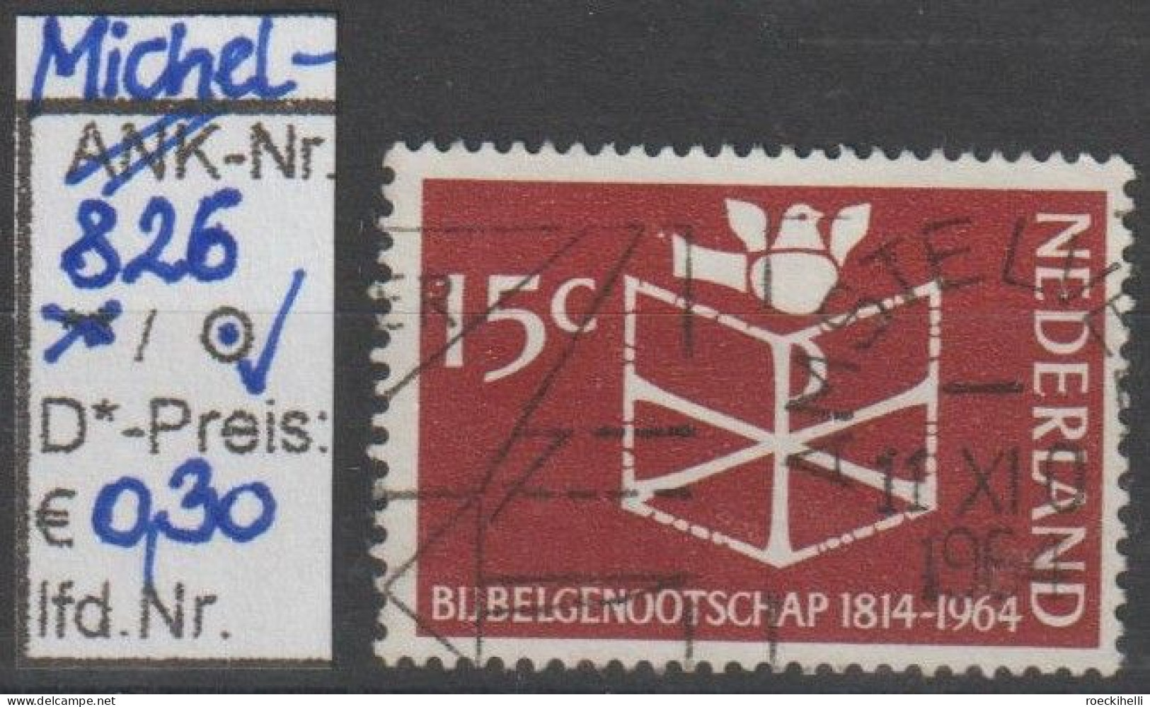 1964 - NIEDERLANDE - SM "150 J. Niederl. Bibelgesellschaft" 15 C Dkl'bräunl'karmin  - O  Gestempelt - S. Scan (826o Nl) - Oblitérés