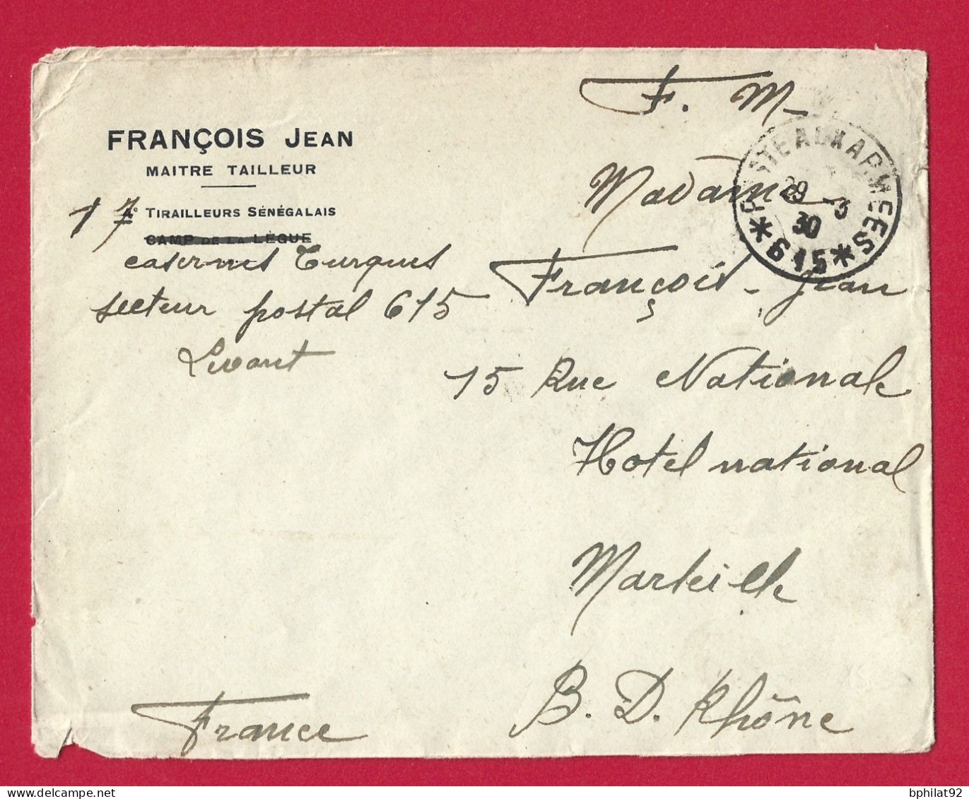 !!! LEVANT, LETTRE EN FRANCHISE MILITAIRE BPM 615 POUR MARSEILLE, DE 1930 - Cartas & Documentos