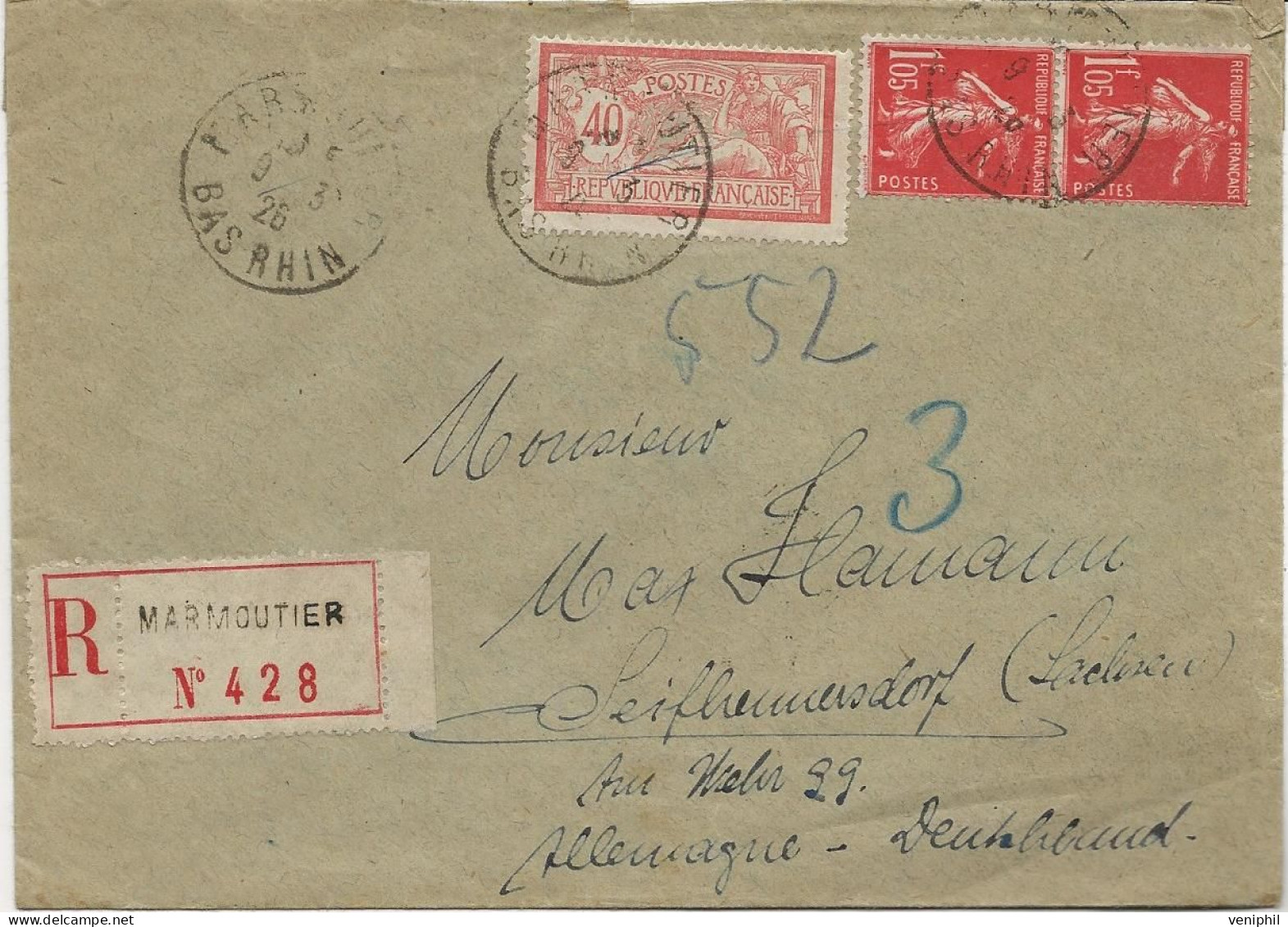 LETTRE  RECOMMANDEE AFFRANCHIE  N° 119 + N° 195 X 2   OBLITEREE CAD MARMOUTIER  ANNEE 1926 - Covers & Documents