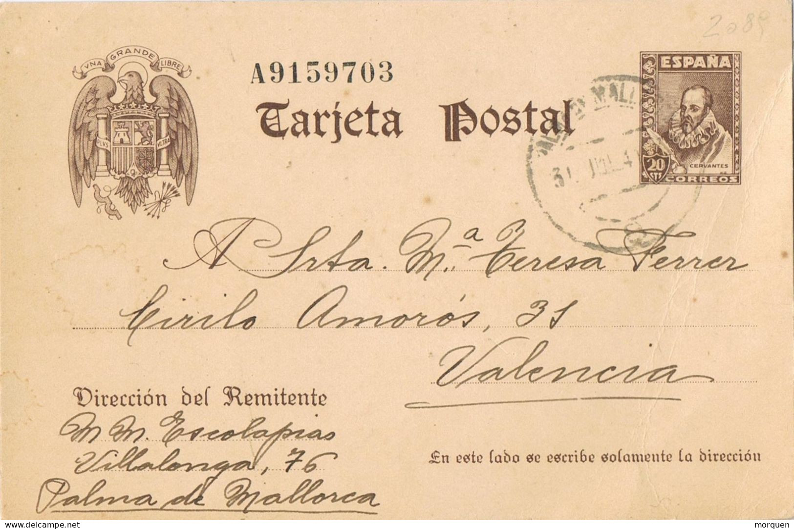 54282. Entero Postal PALMA De MALLORCA (Baleares) 1941. Cervantes Sin Pie Imprenta , Num 86 - 1931-....