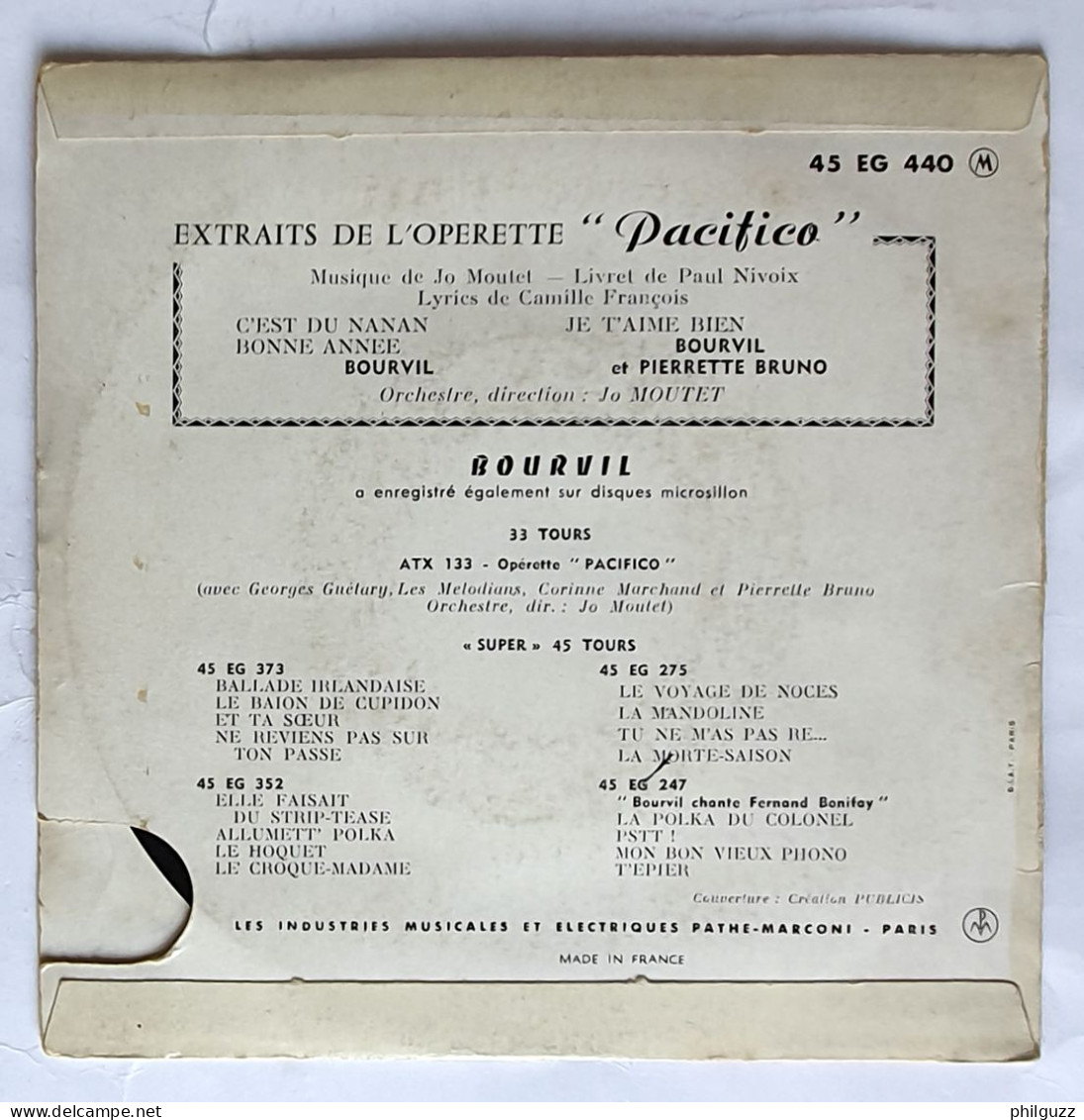 DISQUE BOURVIL PACIFICO PATHE EG440 45T 1959 - Opera