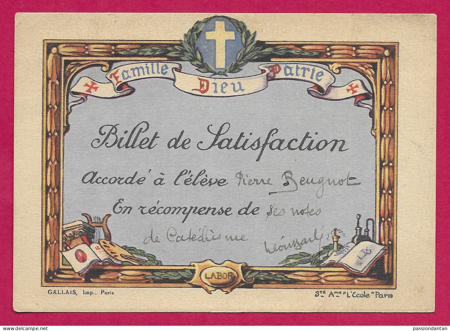 Billet De Satisfaction Pour D'excellentes Notes En Catéchisme - École Sainte-Anne à Paris - Diplomi E Pagelle