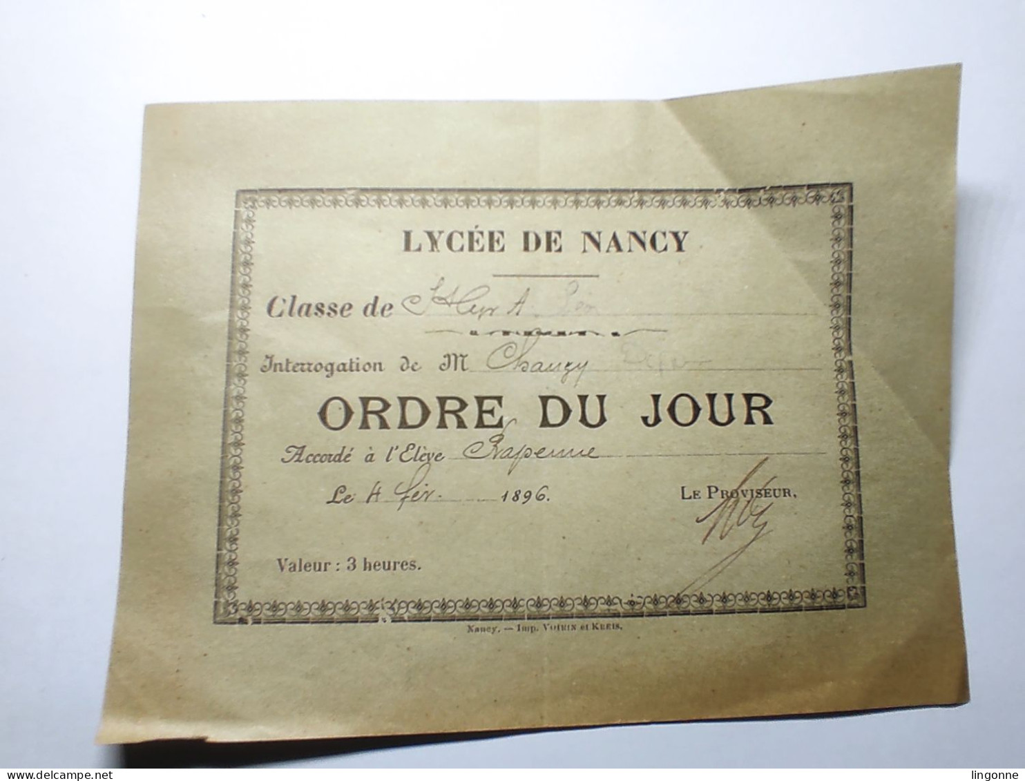 1896 ORDRE DU JOUR Lycée De NANCY (Meurthe-et-Moselle 54) Classe De Saint CYR élève RAPENNE - Diplomi E Pagelle