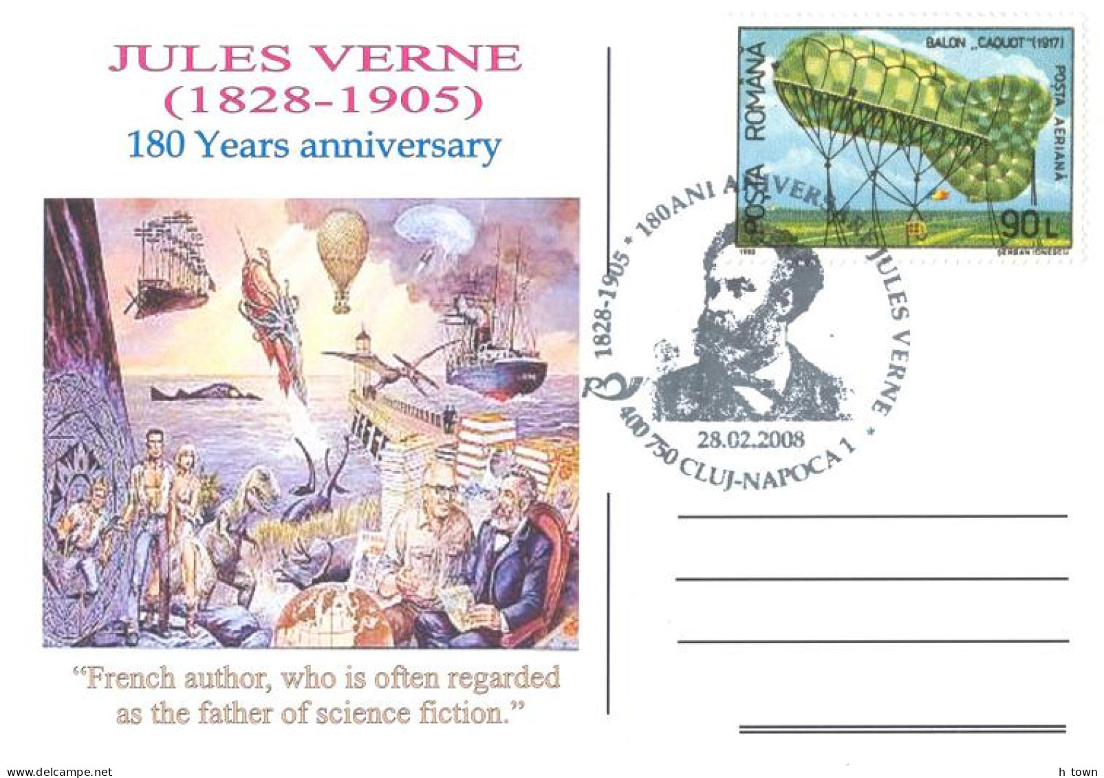 524  Jules Verne: Oblit. Temp. 2008, Carte Postal Commemorative - Ballon, Dirigeable, Science Fiction, Balloon, Zeppelin - Writers
