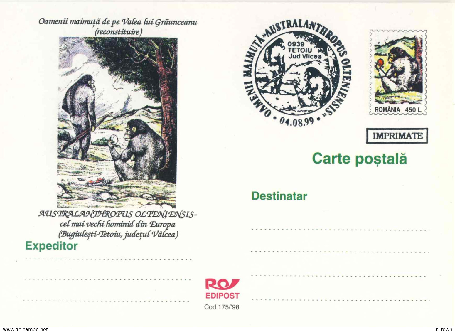 820  Hominine: Entier (c.p.) + Oblit. 1998 - Hominin Stationery Postcard And Pictorial Cancel. Paleoanthropology - Prehistory